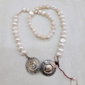 Genuine white Pearl Necklace Contemporary Clasp original design. White Japanese natural genuine pearls. Dimension 2.5 cm X 48 cm approximately.