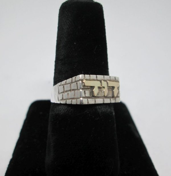 You can have your name in Hebrew letters on sterling silver name raised letters Kotel ring by order.  Dimension width of ring 1.5 cm X 0.75 cm approximately.