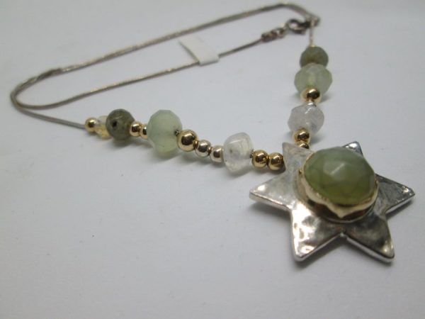 Hand hammered Magen David Star Necklace  sterling silver and 14 carat gold set with Agate stones & 2 citron Topaz stones.
