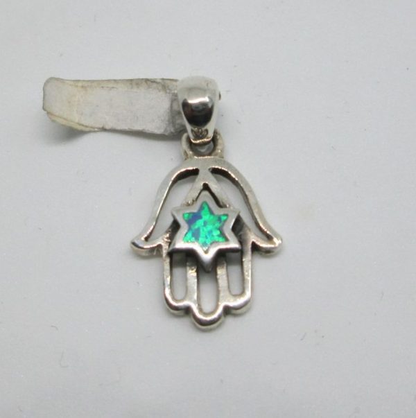 Handmade sterling silver Hamsa pendant Opalite star set with Opalite stone shaped as a star of David. Dimension 1.6 cm X1.3 cm X0.3 cm approximately.