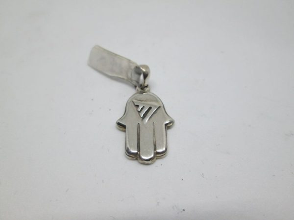 Handmade sterling silver Hamsa Chamsa pendant Chai raised letters with Hay and smooth silver. Dimension 1.7 cm X 1.2 cm X 0.2 cm approximately.