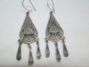 Handmade sterling silver earrings Yemenite filigree triangle shape with dangling drops Yemenite filigree 1.5 cm X 3 cm approximately.