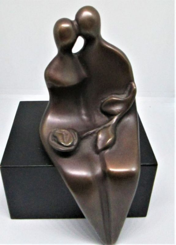 Bronze Sculpture Love Rose in hands of lovers. Handmade by D. Jaron numbered & signed by artist. 8/30. Dimension 6.2 cm X 5.7 cm X 14 cm .