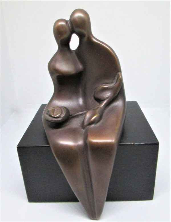 Bronze Sculpture Love Rose in hands of lovers. Handmade by D. Jaron numbered & signed by artist. 8/30. Dimension 6.2 cm X 5.7 cm X 14 cm .