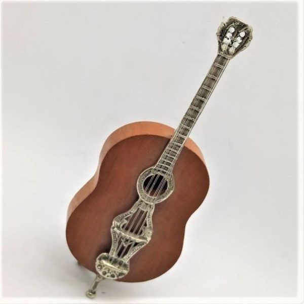Handmade sterling Silver Wood Miniature Guitar. Miniature sterling silver sculptures wide range of original and different designs.