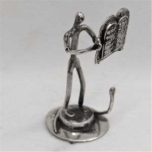 Handmade sterling silver miniature sculpture Moses holding 10 Commandments. Dimension diameter 24.4 cm X 4.2 cm approximately.
