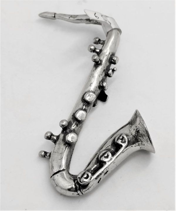Handmade Sterling Silver Miniature Saxophone sculpture of jazz trumpet. Dimension 3.2 cm X 1.3 cm X 6 cm approximately.