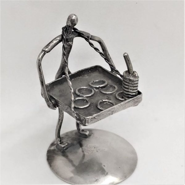 Sterling Silver Bagel Peddler Miniature Statue. In stock are Samson, a funny dentist, man celebrating Passover and few Orthodox characters.