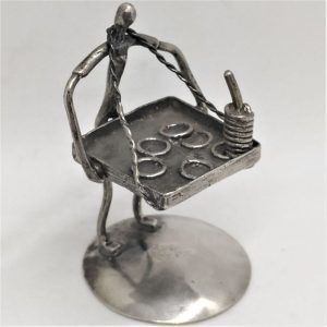 Sterling Silver Bagel Peddler Miniature Statue. In stock are Samson, a funny dentist, man celebrating Passover and few Orthodox characters.