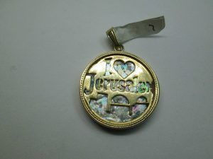 14 Carat Gold Pendant Roman Jerusalem. 14 carat gold pendant  handmade Jerusalem design with heart shape set with ancient Roman glass. Dimension diameter 2.3 cm X 0.4 cm approximately.