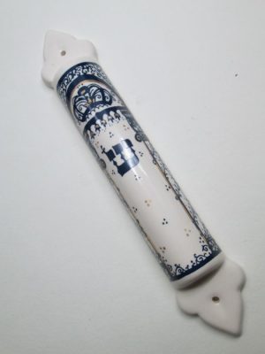Handmade Mezuzah glazed ceramic Horwitz made by Horwitz with shrine front curtain. Suitable for parchment up to 10 cm length.