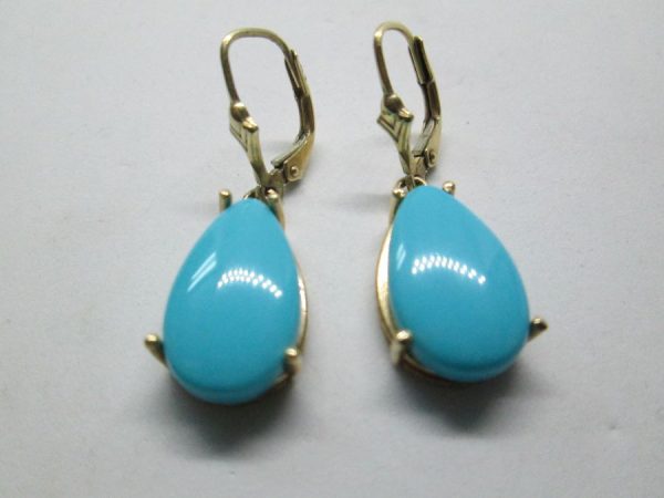 Handmade drop gold earrings Turquoises stones tear cabochon shape no black inclusions. Dimension 1.1 cm X 1.6 cm approximately.