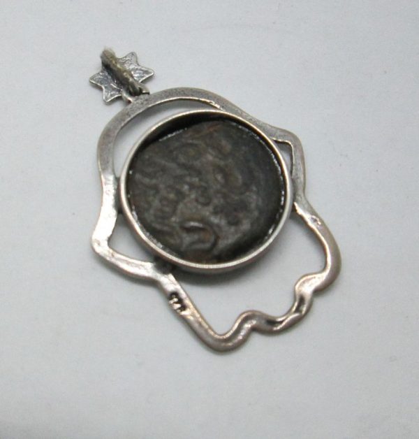 Sterling silver Chamsa silver pendant palm leaf Antique Coin Palm Leaf set with genuine antique Jewish coin from the first century AD.