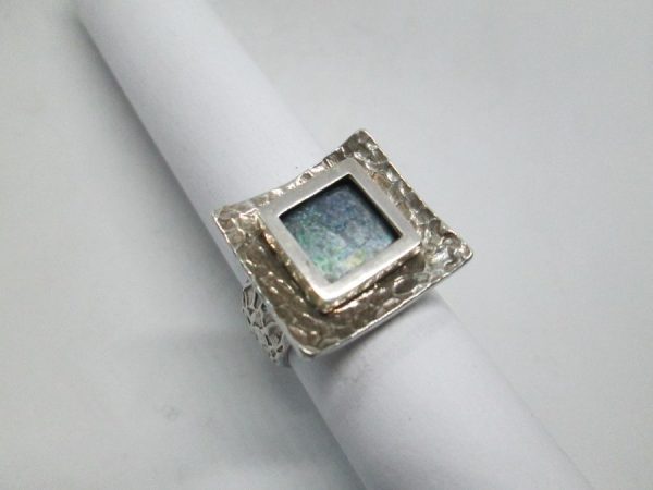 Handmade contemporary style sterling  silver Roman glass ring set with a genuine antique Roman glass found in the holyland Israel.