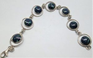 Handmade sterling silver bracelet round Azurite stones with silver wire hoops. Dimension 1.65 cm X 19.4 cm approximately.