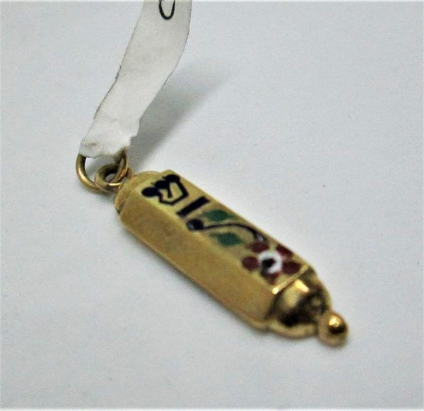 Handmade 14 carat gold Mezuzah pendant enamel flower with enameled blue Shin. Dimension 0.7 cm X 2.3cm approximately.