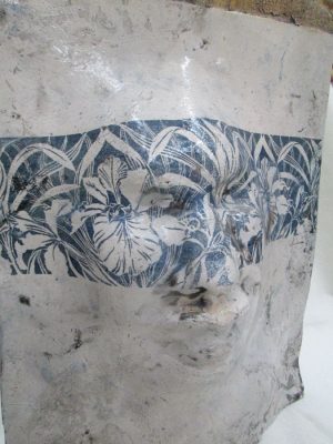 Handmade glazed Roku Ceramic Sculptured Face mask with flowers by S. Factor. Dimension 35 cm X 25.8 cm X 13 cm approximately.