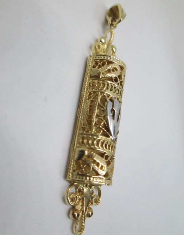 Handmade white and yellow 14 carat gold huge Mezuzah pendant filigree Yemenite.  Dimension 1.1 cm X 4.7 cm approximately.