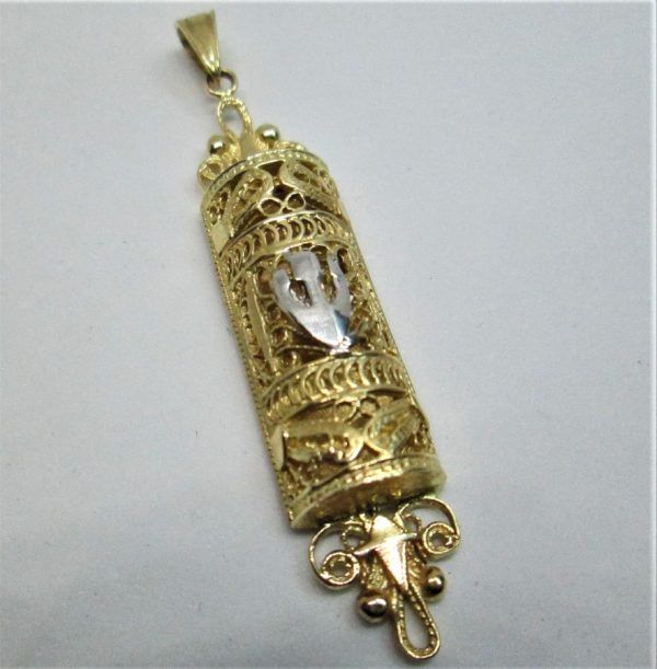 Handmade white and yellow 14 carat gold huge Mezuzah pendant filigree Yemenite.  Dimension 1.1 cm X 4.7 cm approximately.