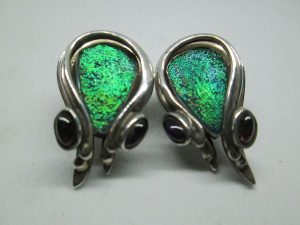 Handmade sterling silver earrings Roman glass contemporary design lady face shape set with genuine Roman glass & Garnet & Amethyst stone.