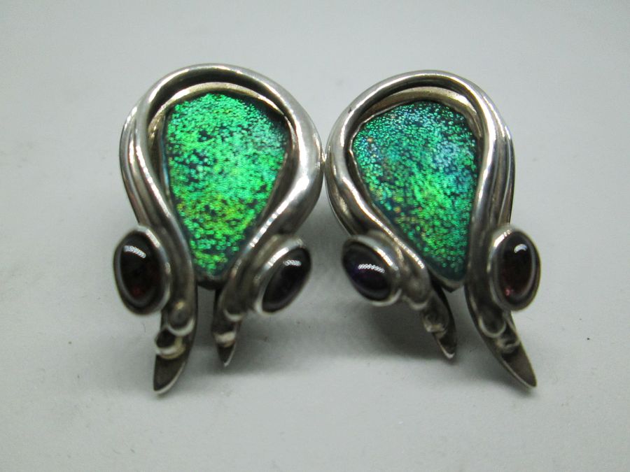 Handmade sterling silver earrings Roman glass contemporary design lady face shape set with genuine Roman glass & Garnet & Amethyst stone.