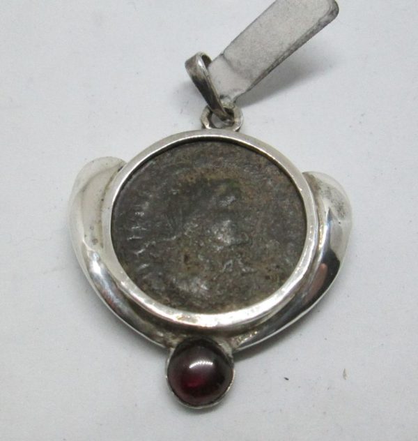 Silver Pendant Contemporary Cornucopia handmade. Sterling silver pendant contemporary cornucopia shape set with genuine Garnet stone & antique bronze coin.