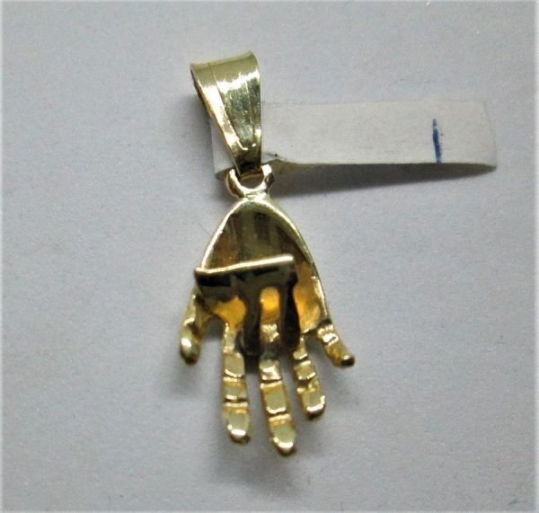 Handmade 14 carat Gold Hamsa Chai Pendant, a real shape hand holding a Hay. Dimension 1 cm X 1.7 cm X 0.35 approximately.