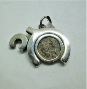 Hay Shape Silver Pendant set with coin. Sterling silver handmade pendant Hay shape set with genuine antique bronze Jewish coin from the 1st century AD.