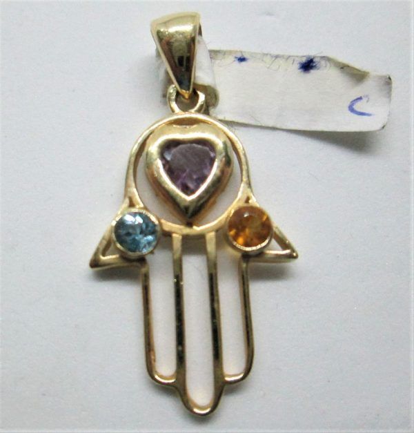 Handmade 14 carat gold Hamsa 3 stones pendant set with blue Topaz stone heart shape &   Amethysts  & yellow Topaz stones.