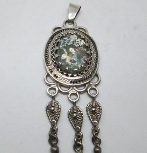 Filigree Roman Glass Pendant handmade. Handmade sterling silver pendant set with genuine Roman glass and Yemenite filigree around.