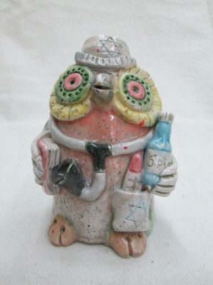 Handmade owl glazed ceramic sculpture Jewish owl doctor made by T. Labok. Dimension 6.3 cm X 6.8 cm X 9.2 cm approximately.