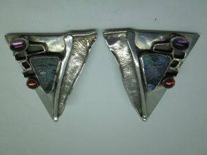 Handmade sterling silver earrings triangle shape contemporary design made by Y. Perez set with genuine Roman glass & garnet & Amethyst stones.