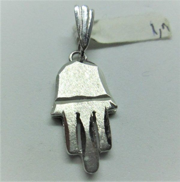 Handmade 14 carat gold Hamsa white gold pendant medium size sand brush finish. Dimension 2 cm X 1.1 cm X 0.2 approximately.