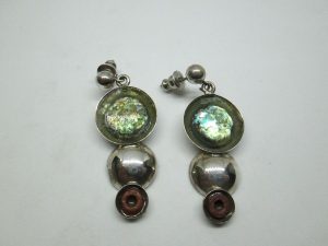 Handmade sterling silver round Roman glass earrings contemporary design set with genuine Roman glass and ceramic ornaments.