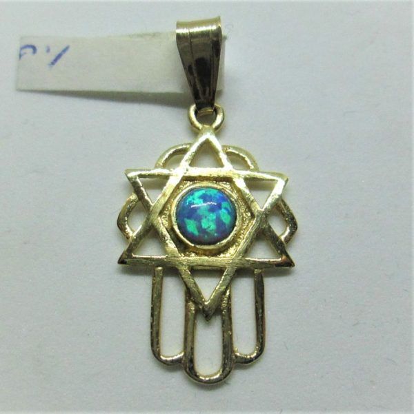 Handmade 14 carat gold Chamsa Hamsa Magen David Opalite combined pendant set with Opalite stone in center of star of David.