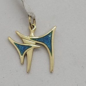 Handmade abstract design  blue enameled gold Hay pendant contemporary design. Dimension 1.3 cm X 1.75 X 0.08 cm approximately.