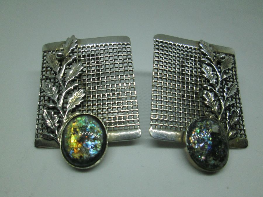 Handmade sterling silver earrings set with genuine Roman glass earrings with filigree design. Dimension 2.55 cm X 3.7 cm approximately.