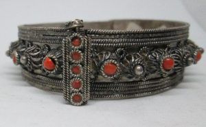 Bracelet Coral bangle vintage handmade sterling silver gold plated bracelet Yemenite filigree set with genuine red Coral stones