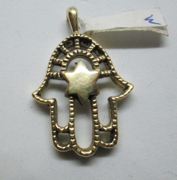 Handmade 14 carat gold Hamsa pendant MagenDavid with star of David in center heavy gold pendant. Dimension 1.8 cm X 2.2 cm X 0.42.