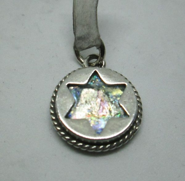 Handmade sterling silver Roman glass David star pendant set with genuine Roman glass & star of David shape. Dimension diameter 1.3 cm approximately.