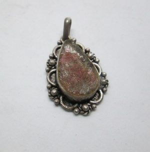 Handmade sterling silver pendant set with genuine Roman glass contemporary style. Dimension 1.8 cm X 2.5 cm approximately.