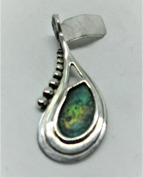 Handmade sterling silver Roman glass silver pendant set with genuine green Roman glass. Dimension 1.4 cm X 2.8 cm approximately.