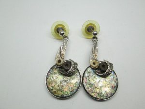 Sterling silver earrings abstract design set with genuine Roman glass can be suited by request for none pierced lob too, 2.1 cm X 3.8 cm approximately.