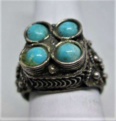 Vintage Yemenite filigree ring four Turquoise stones made in Israel in the 1950's by Yemenite Jews. Dimension 1.35 cm X 1.35 cm ring size 57.