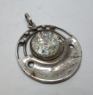 Handmade sterling silver massive Roman glass pendant set with genuine Roman glass contemporary style. Dimension diameter 3.3 cm approximately.