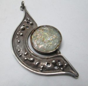 Handmade sterling silver pendant set with genuine Roman glass contemporary style. Dimension 3.1 cm X 6.3 cm approximately.