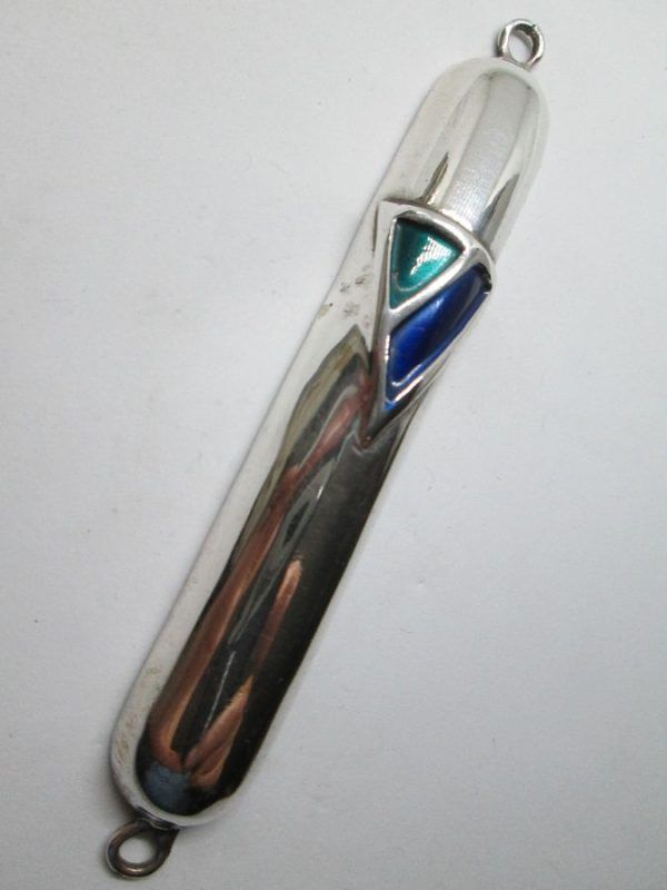 Handmade sterling silver Contemporary Mezuzah Silver Enameled Shin ( First letter of G-D's name Shadai). Suitable for parchment up to 9 cm .