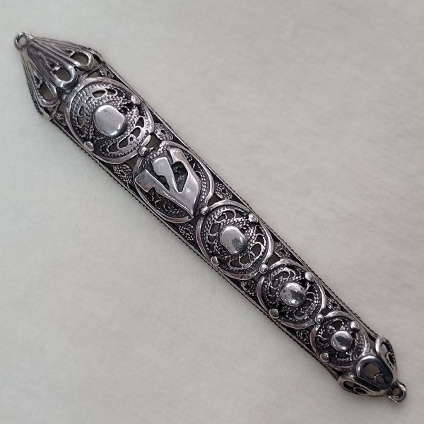 Handmade sterling silver Yemenite filigree Mezuzah Silver Round Filigree suitable for parchment up to 7 cm . Dimension 8.8 cm X 1.5 cm