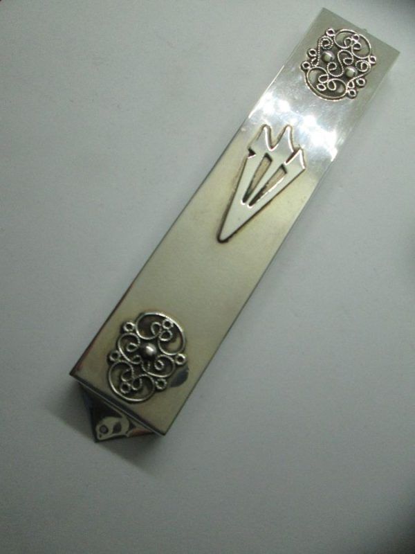 Handmade Rectangular Mezuzah Sterling Silver with Yemenite filigree design suitable for parchment up to 12 cm .Dimension 2.7 cm X 14.7 cm.