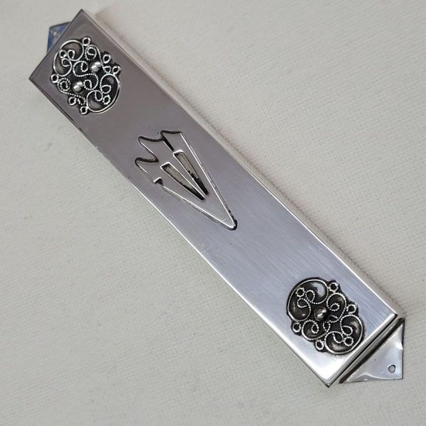 Handmade Rectangular Mezuzah Sterling Silver with Yemenite filigree design suitable for parchment up to 12 cm .Dimension 2.7 cm X 14.7 cm.
